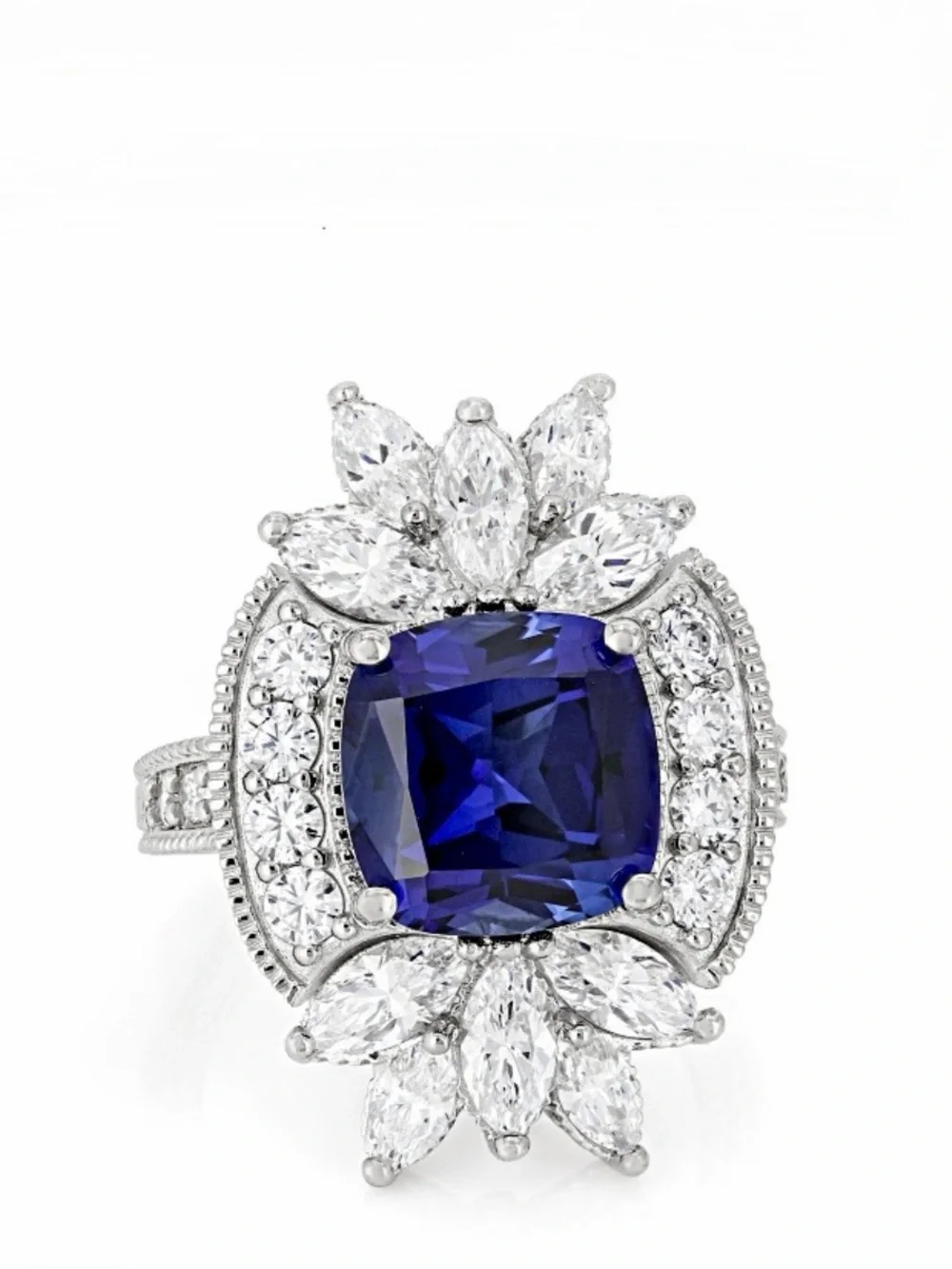 Judith Ripka Lab Blue Sapphire & CZ Rhodium Over Sterling Silver Ring, Size 6